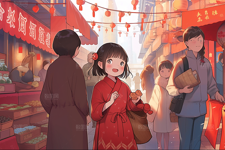 春节买年货购物市集插画