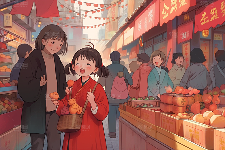 春节买年货快乐购物插画
