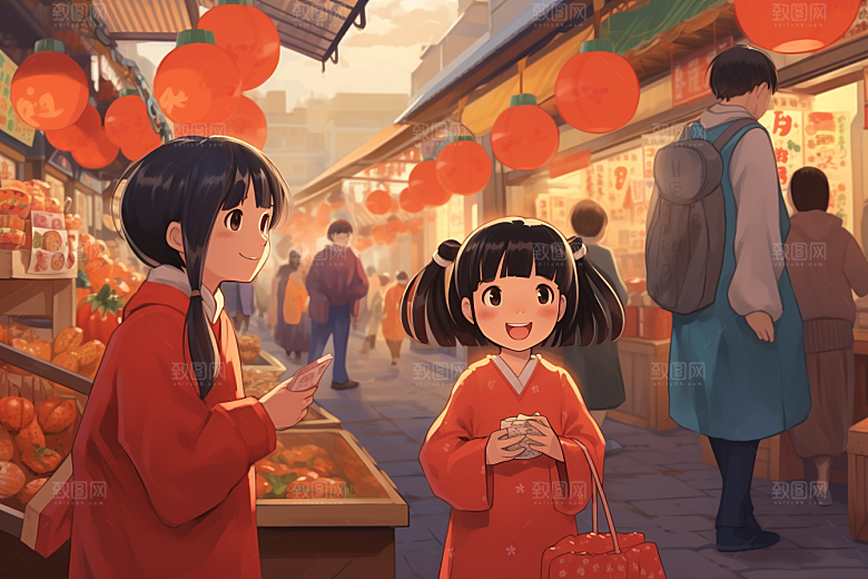 春节买年货购物快乐插画