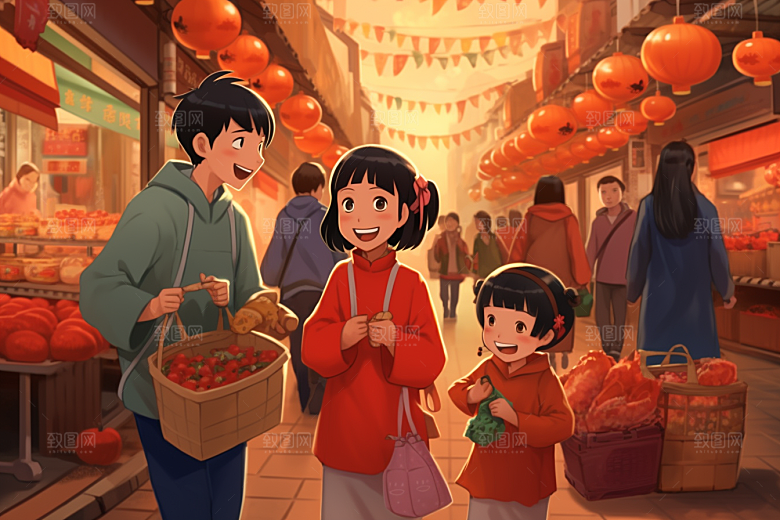 春节买年货快乐手绘插画