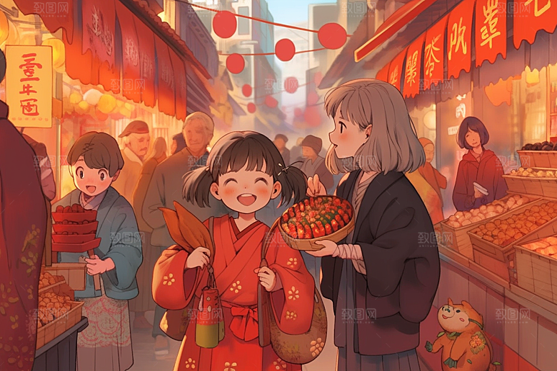 春节买年货街市采购插画