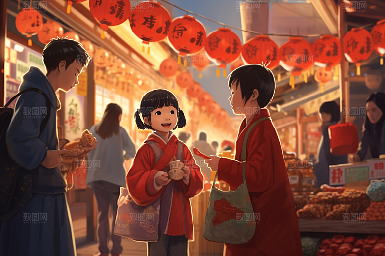 春节买年货开心过年插画