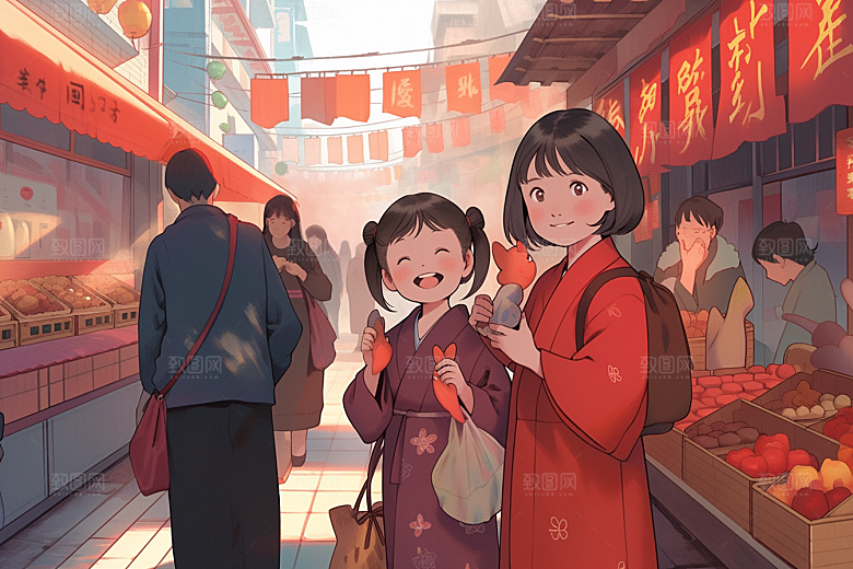 春节买年货新年购物插画