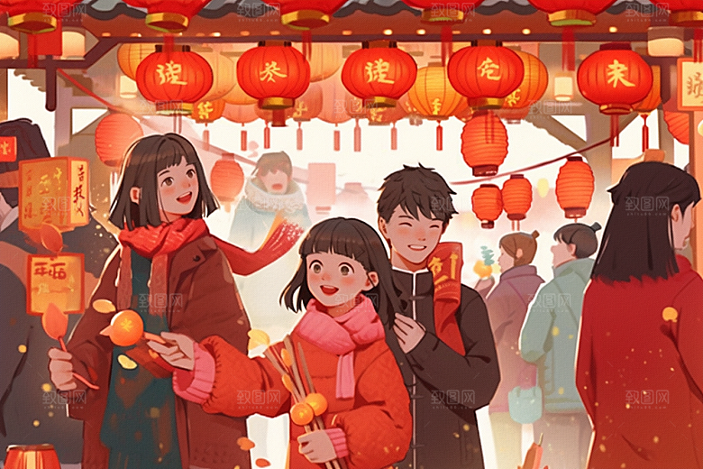 春节买年货采购开心插画
