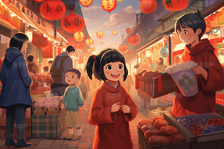 春节买年货采购市集插画