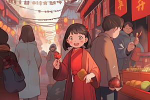 春节买年货过年新年插画