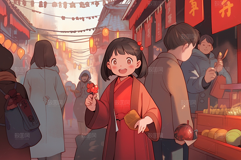 春节买年货过年新年插画
