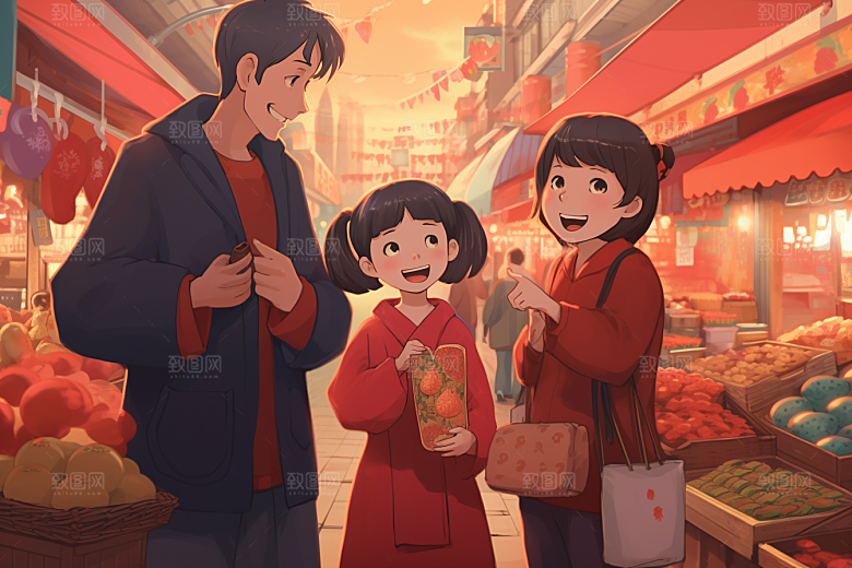 春节买年货喜庆高清插画