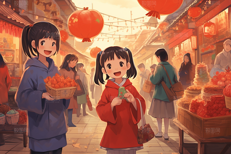 春节买年货购物市集插画