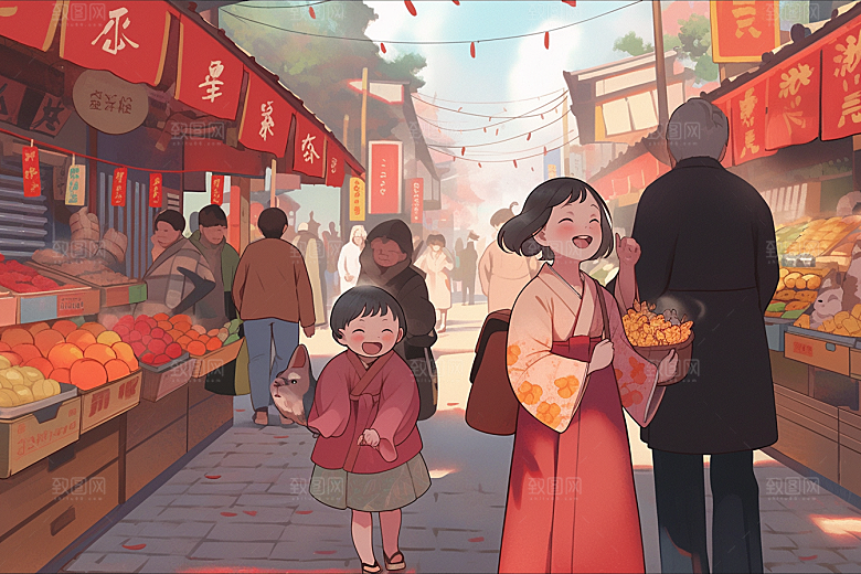 春节买年货新年手绘插画