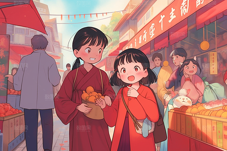 春节买年货手绘新年插画