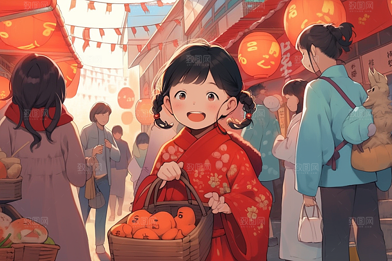 春节买年货高清街市插画