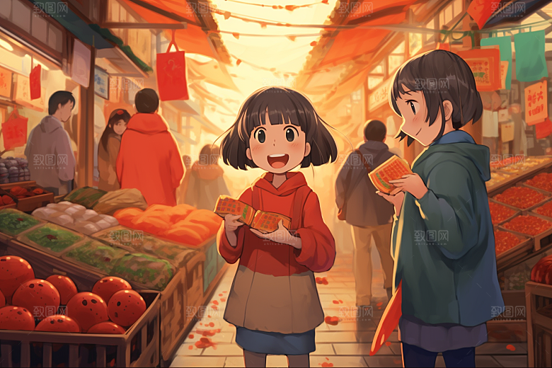 春节买年货快乐街市插画