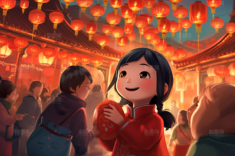 春节买年货快乐喜庆插画