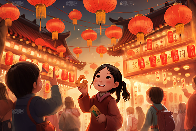 春节买年货过年市集插画