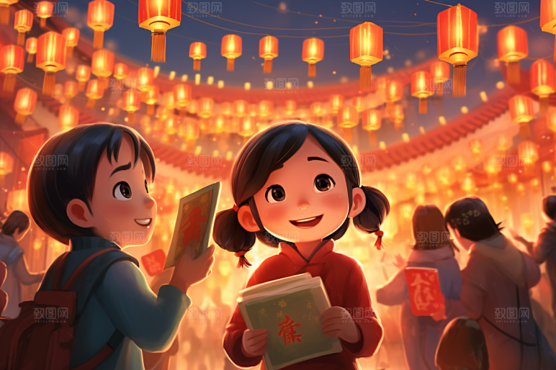 春节买年货市集手绘插画