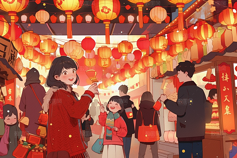 春节买年货采购开心插画