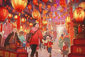 春节买年货购物街市插画