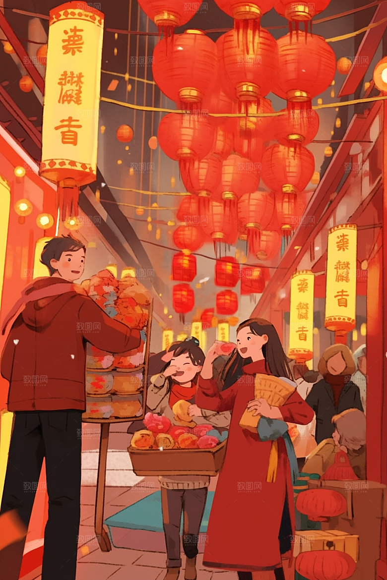 春节买年货新年手绘插画