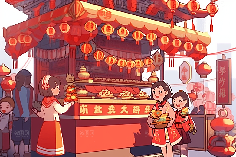 春节买年货手绘喜庆插画