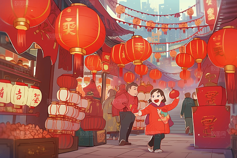春节买年货过年市集插画