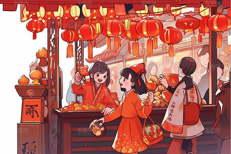 春节买年货快乐过年插画