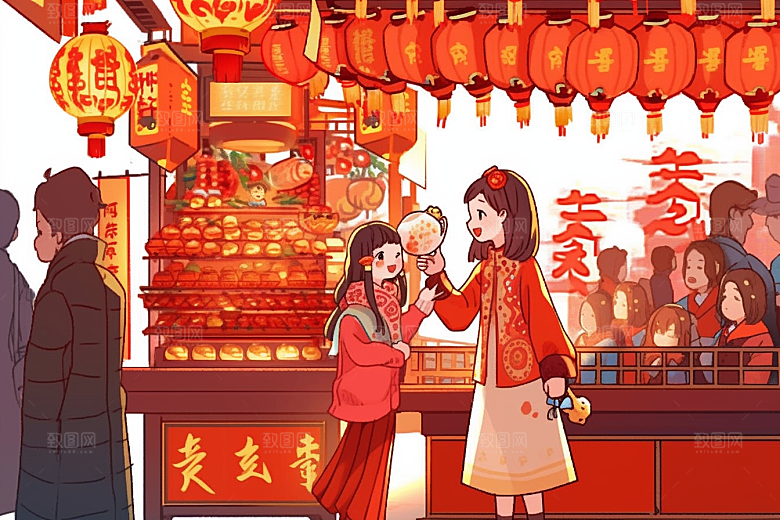 春节买年货街市采购插画