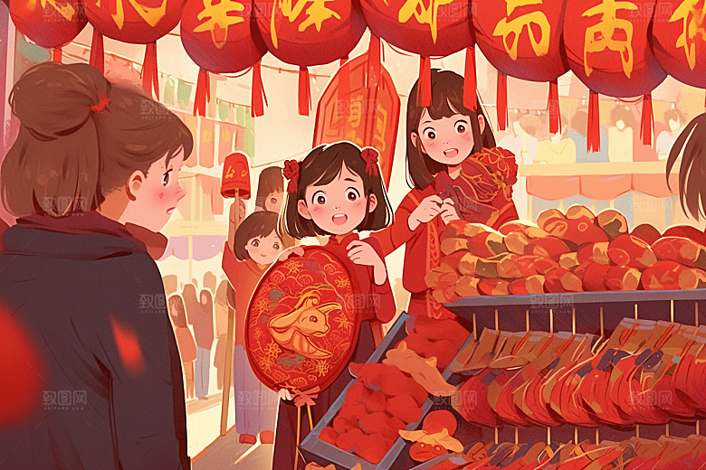 春节买年货购物开心插画