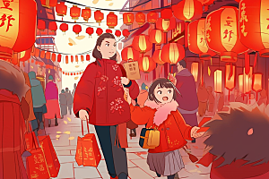 春节买年货开心街市插画