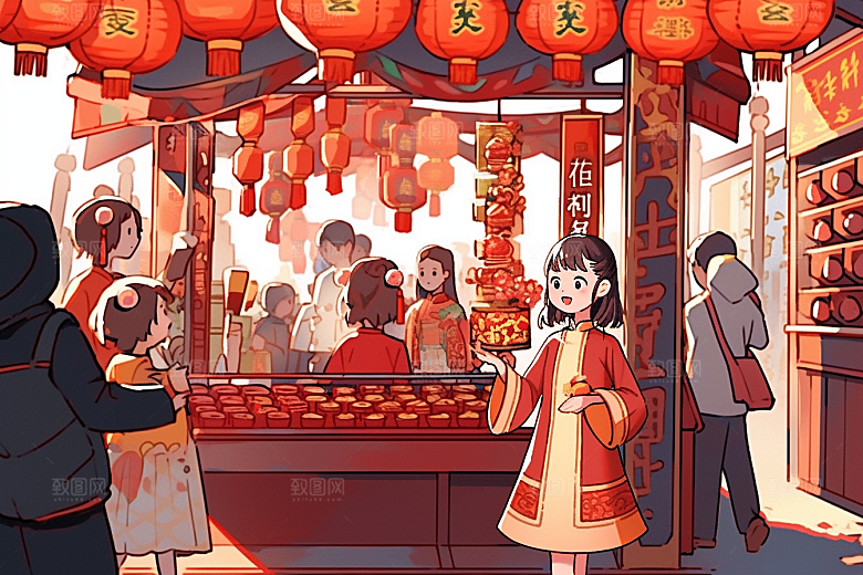 春节买年货市集采购插画