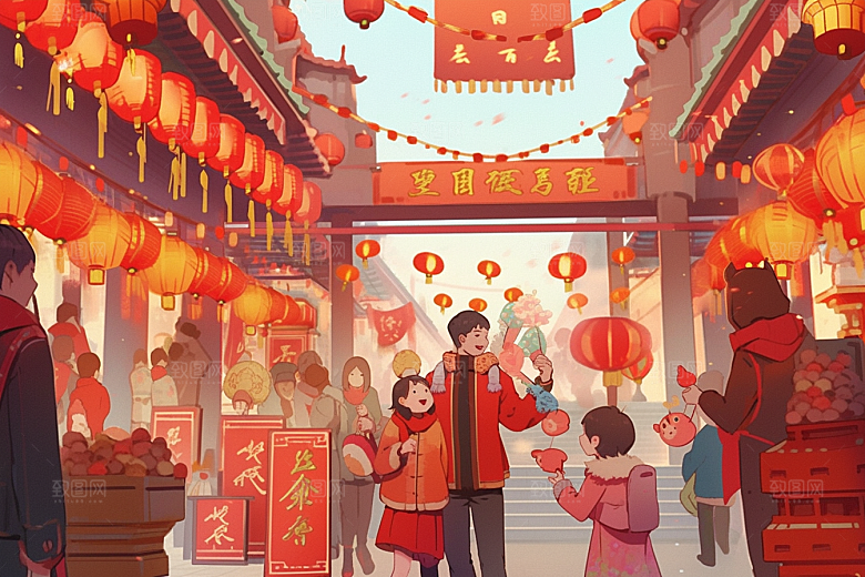 春节买年货开心市集插画