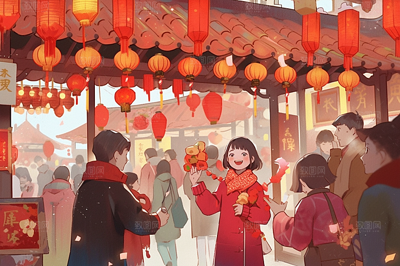 春节买年货过年开心插画