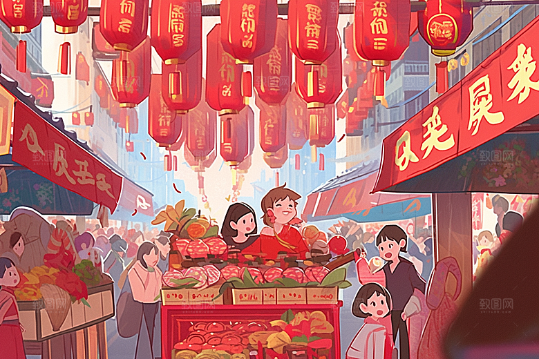 春节买年货高清开心插画