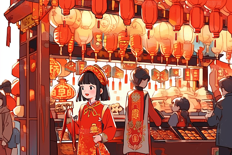 春节买年货手绘新年插画