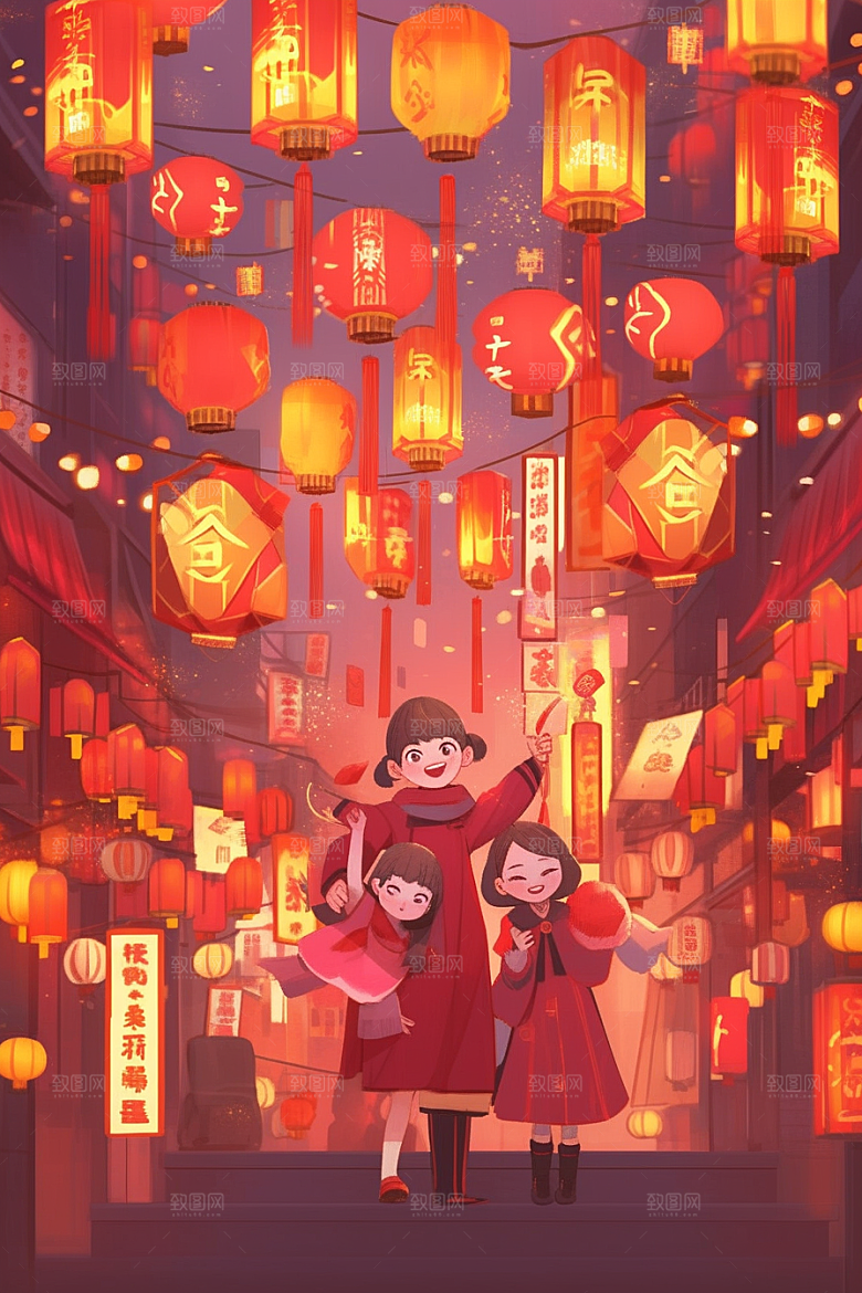 春节买年货采购喜庆插画