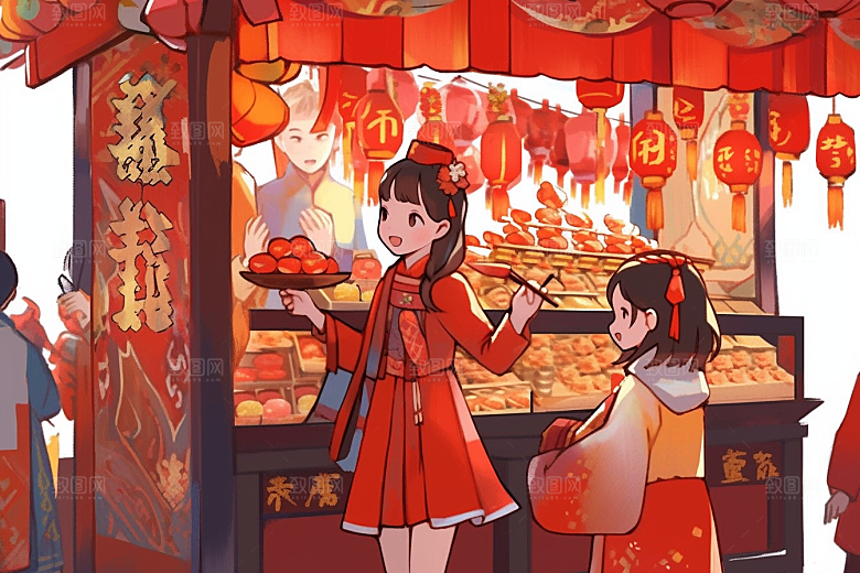 春节买年货过年手绘插画