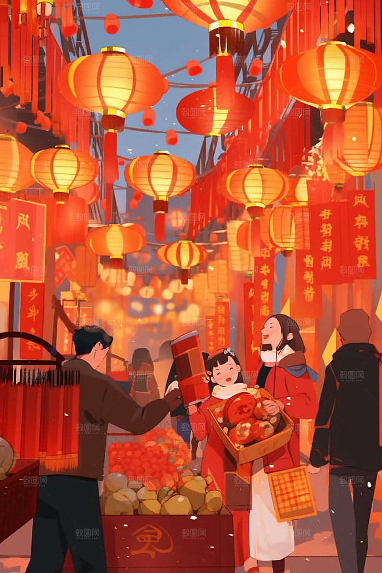 春节买年货手绘市集插画