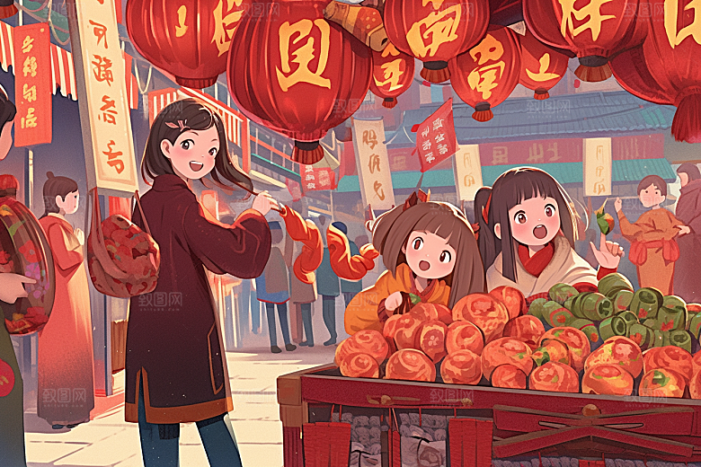 春节买年货喜庆过年插画