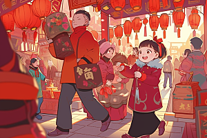 春节买年货购物采购插画