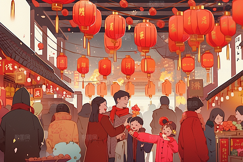 春节买年货开心喜庆插画