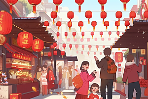 春节买年货街市快乐插画