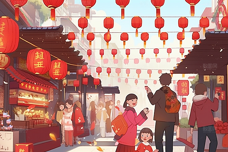 春节买年货街市快乐插画