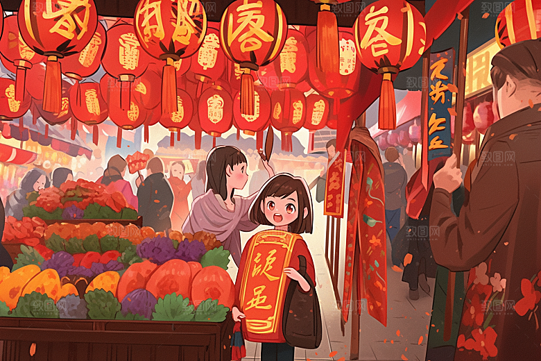 春节买年货喜庆过年插画