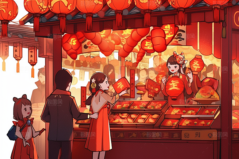 春节买年货采购喜庆插画