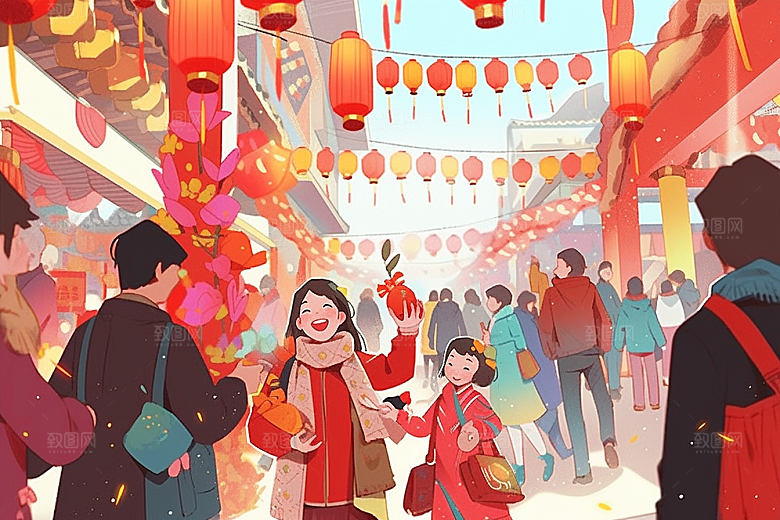 春节买年货市集开心插画