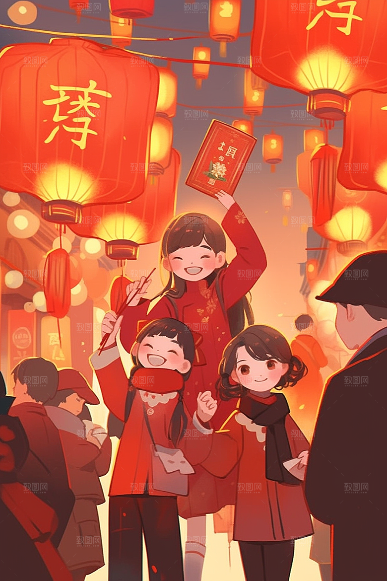 春节买年货开心手绘插画