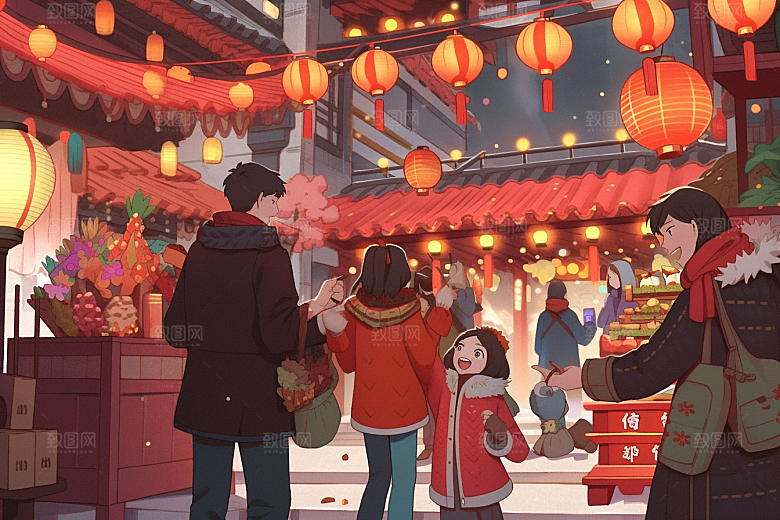 春节买年货喜庆过年插画