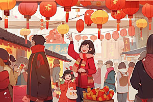 春节买年货新年购物插画
