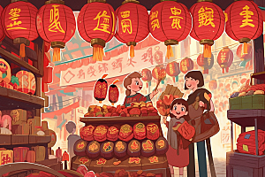 春节买年货开心新年插画