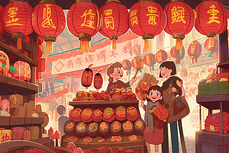 春节买年货开心新年插画